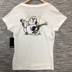 True Religion Women’s White VNeck T-shirt with Buddha Logo Backside